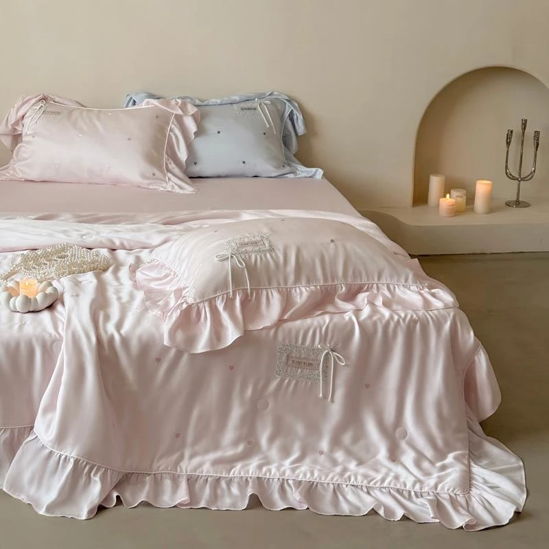 夏季兰精天丝夏凉被四件套 爱心刺绣丝滑凉感空调被可水洗薄被子