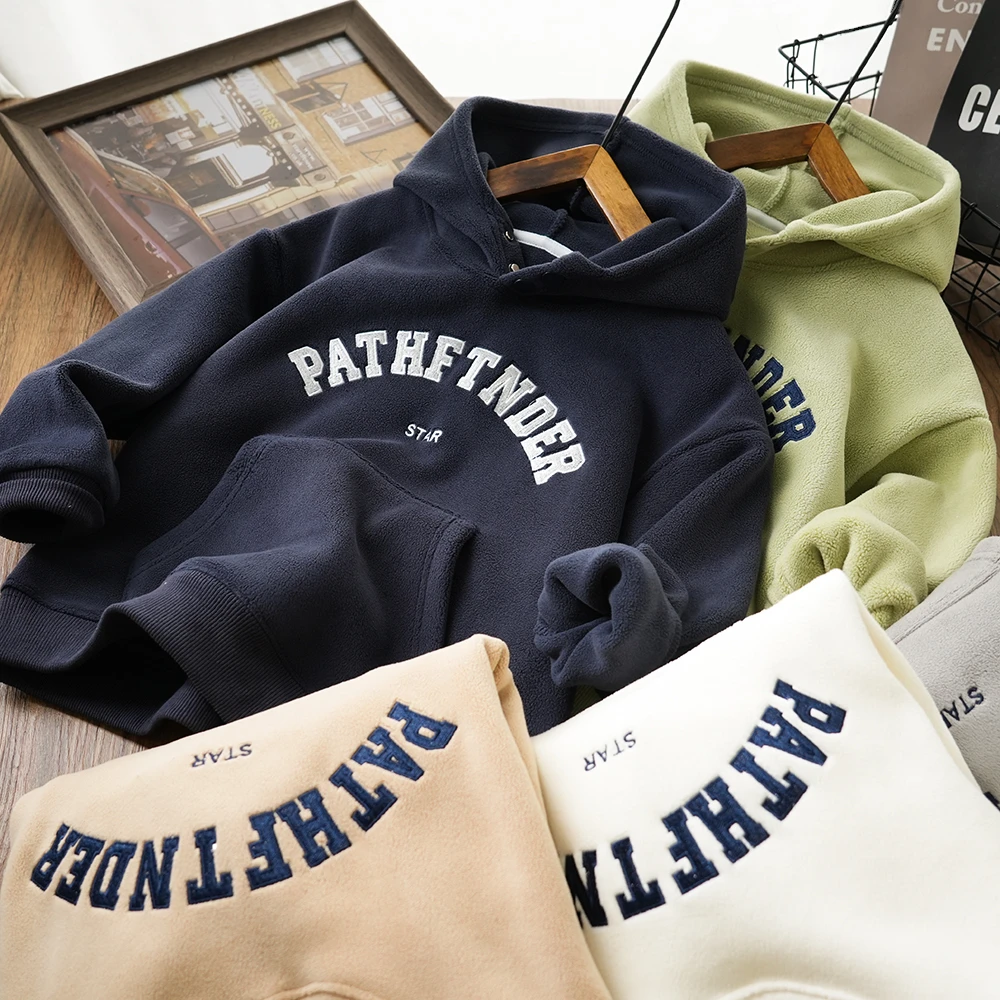 男童秋冬字母刺绣口袋双面绒连帽卫衣中大童休闲上衣24466