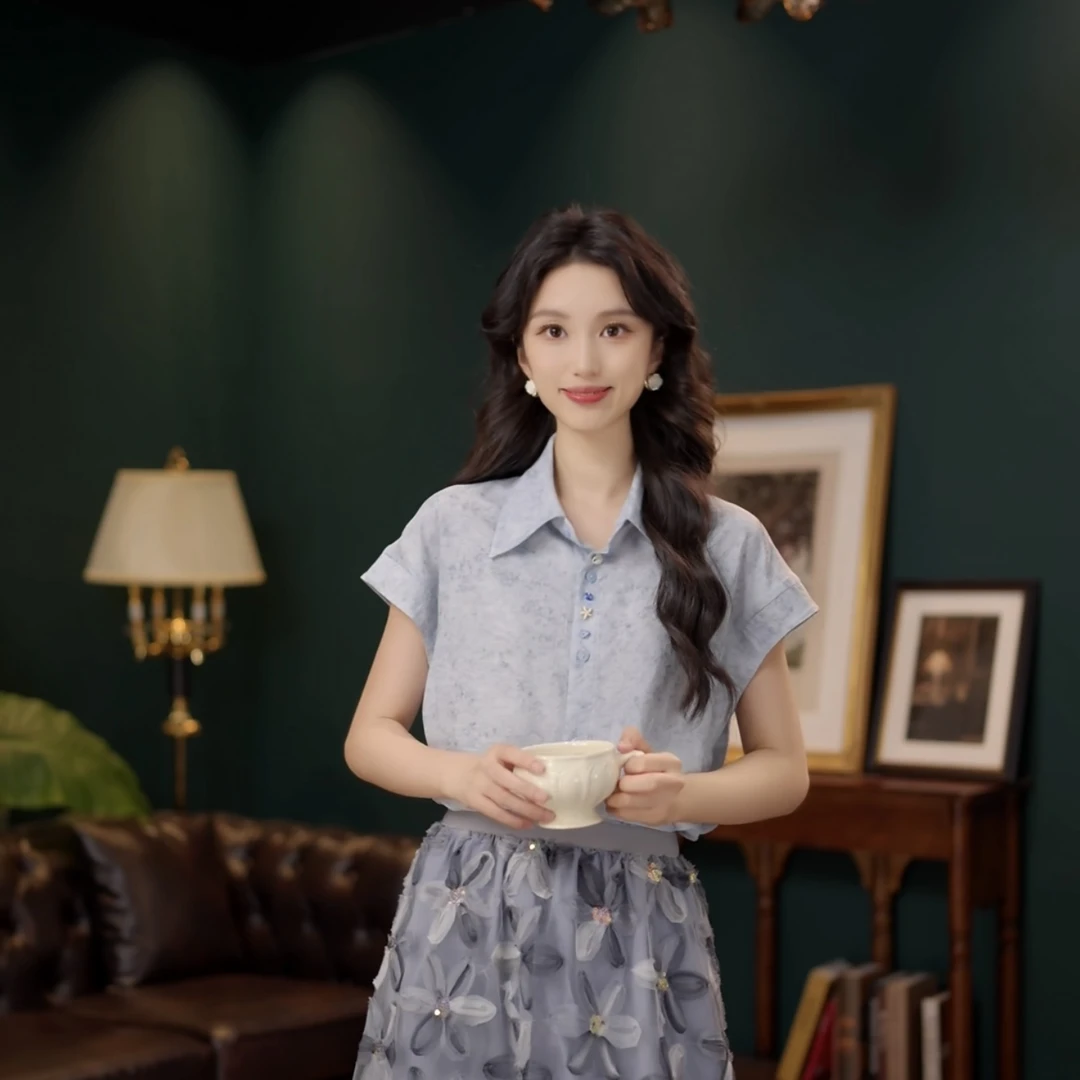 琦琦【人鱼声】甜美小衫休闲百搭短袖衬衫女夏季上衣YF1102551