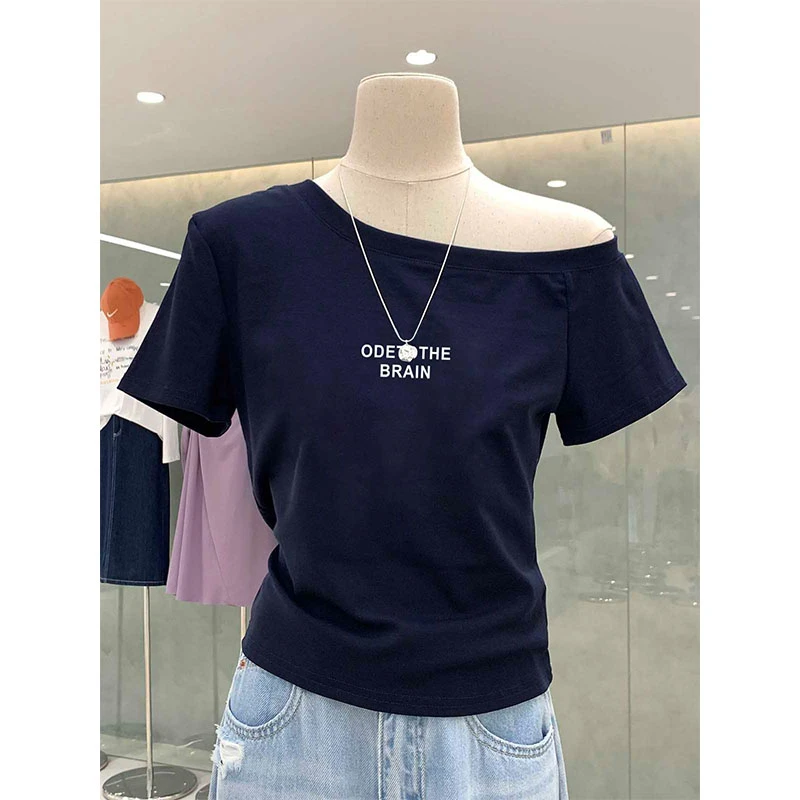 日常休闲风可外穿藏青色斜肩短袖t恤女小众设计感直筒型时尚百搭