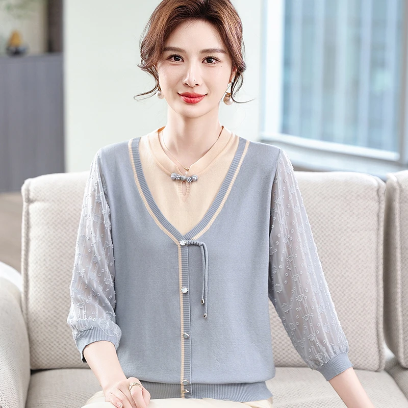 妈妈旗袍领假两件纱袖针织衫中年女薄款7分袖上衣气质小衫高贵T恤