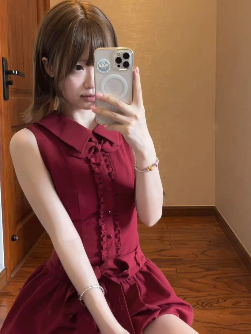 赤色花夜 车厘子红兔耳衬衫领系带花苞连衣裙短裙女