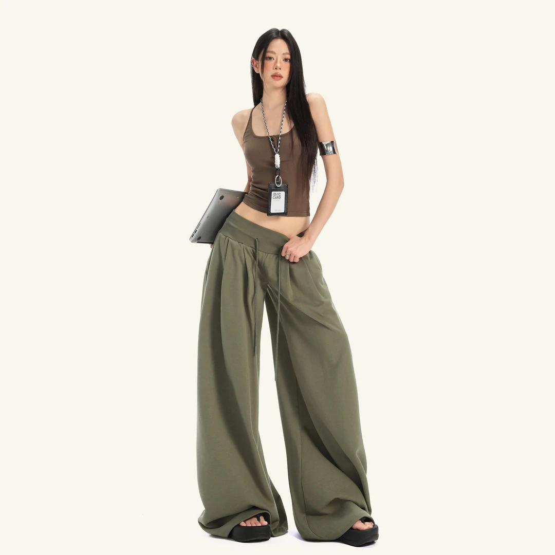 MNGRL 灰绿色低腰抽绳阔腿运动裤女宽松垂感休闲卫裤慵懒感拖地裤