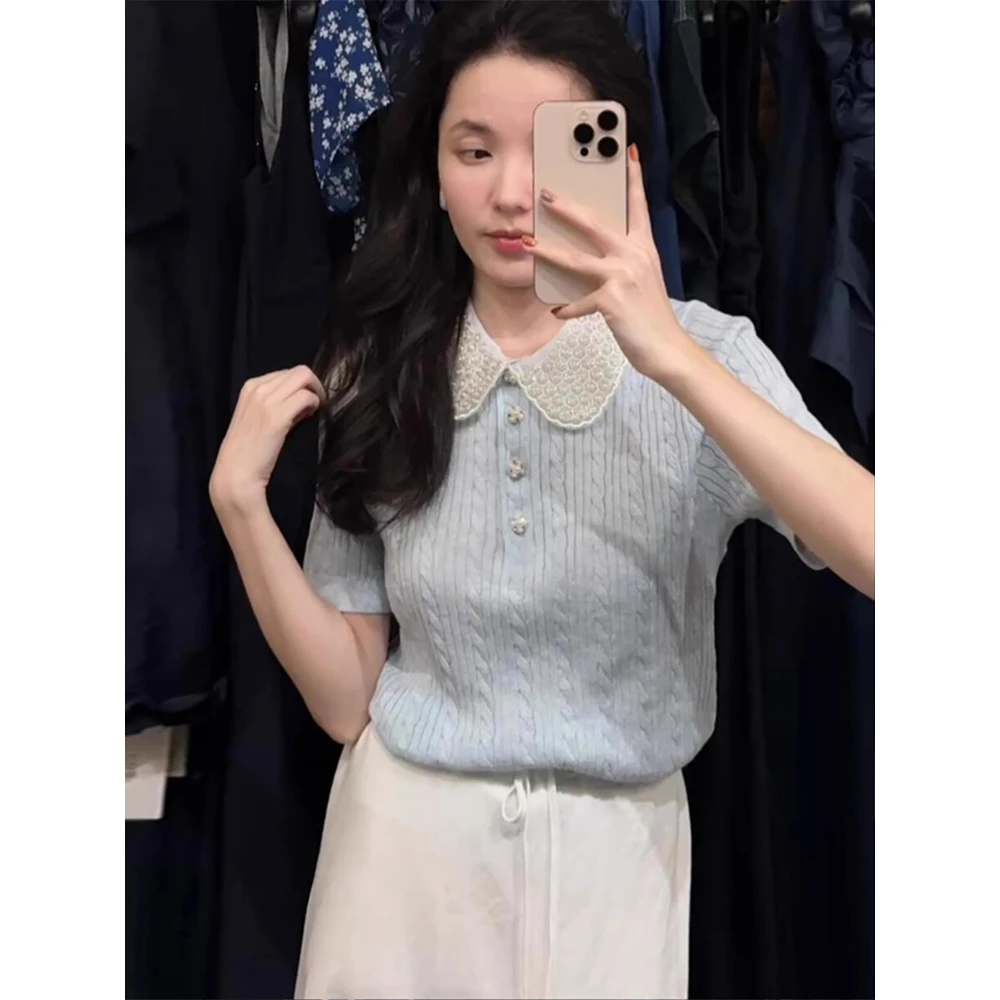 法式蓝色小香风钉珠娃娃领针织T恤女夏季独特翻领冰丝短袖上衣薄