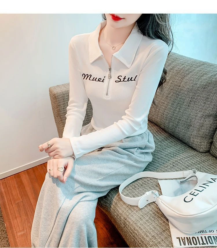 902白色早春秋季长袖T恤运动POLO衫女士显瘦小个子洋气百搭上衣女