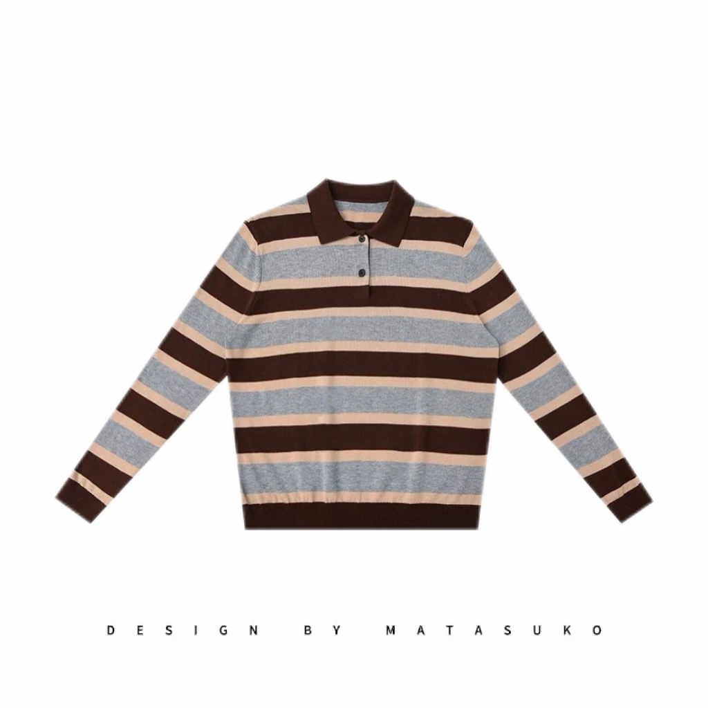 MATASUKO miu系列 polo领 棕调底色 韩版羊毛针织衫T恤