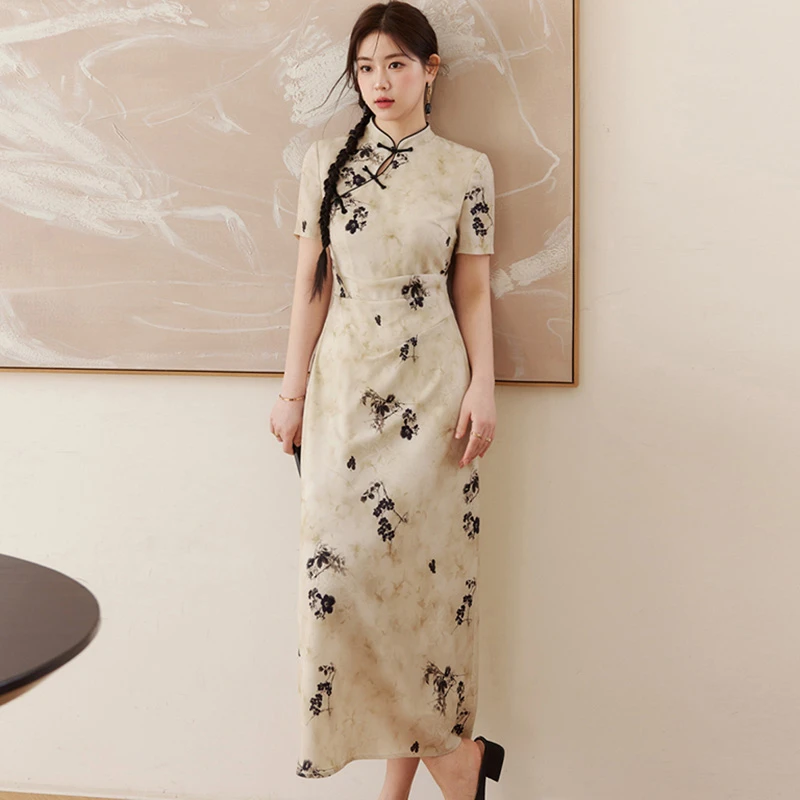 胖mm新中式国风改良旗袍裙子2025夏季遮肚显瘦碎花连衣裙女D0755