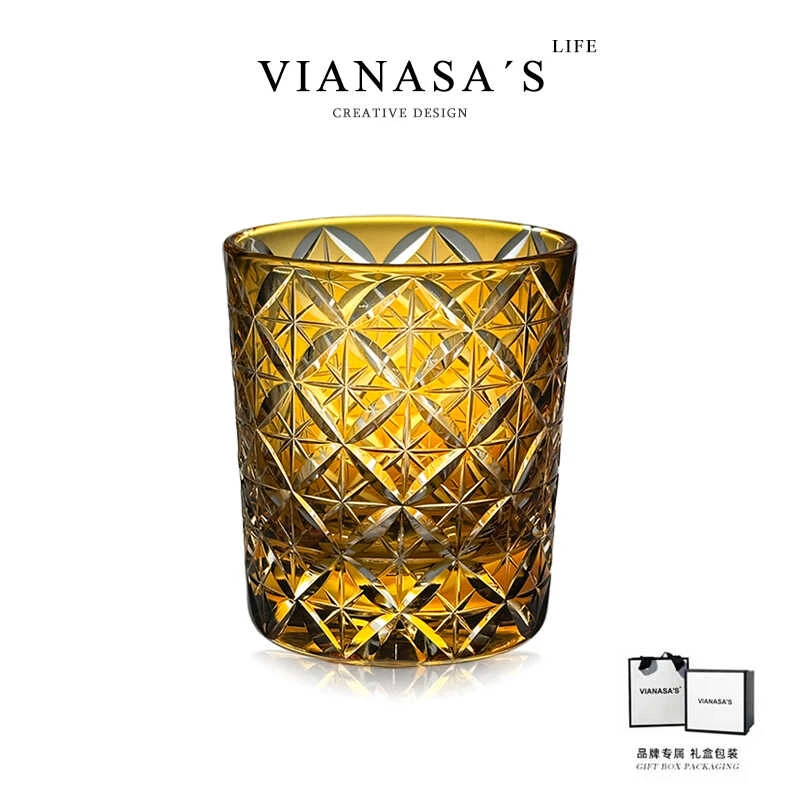 VIANASA'S橘色七宝切子玻璃手工雕刻七宝星芒杯纯手工作品礼品