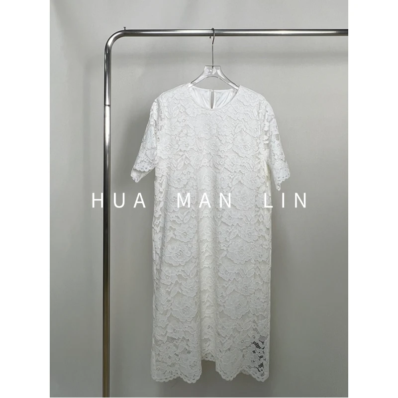【花满林】圆领后扣蕾丝花边里衬缎面桑蚕丝连衣裙258138