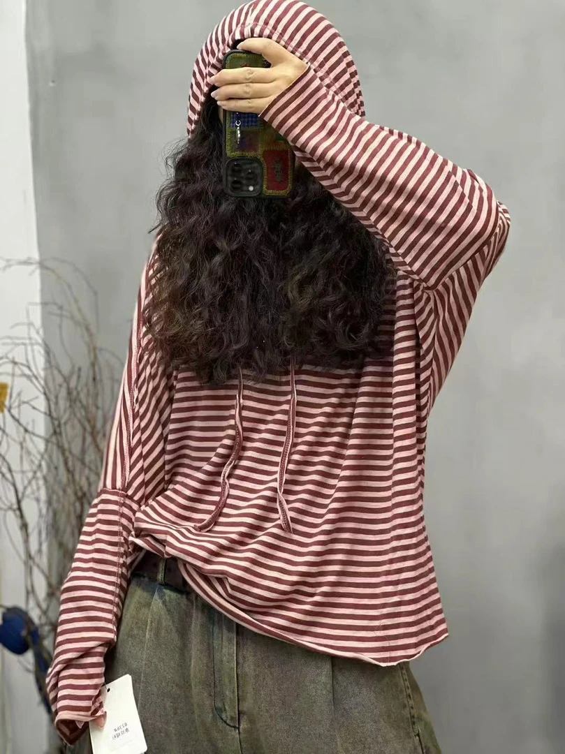 8238条纹连帽爆款针织大版T恤女.