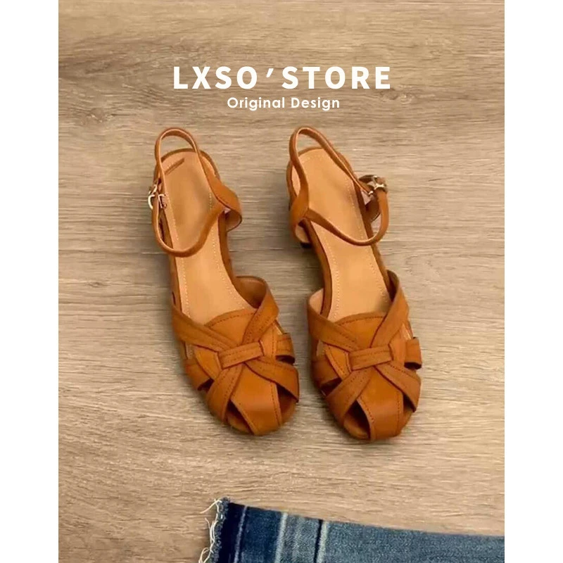 软羊皮~法式包头凉鞋女文艺编织猪笼鞋镂空棕色夏季高跟罗马凉鞋