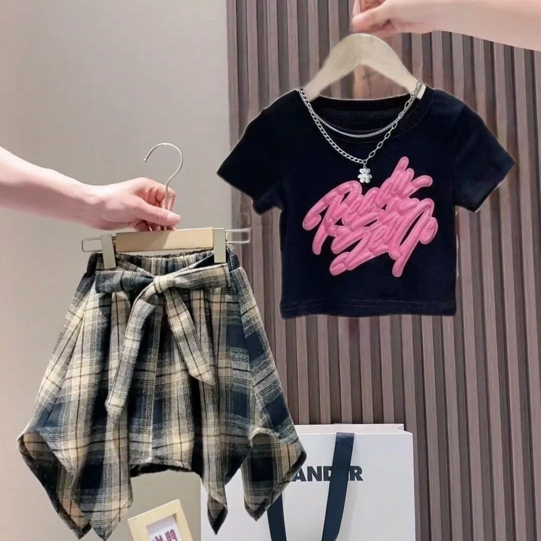 女童裙子夏季套装2025新款洋气T恤时髦儿童短袖半身裙两件套裙裤