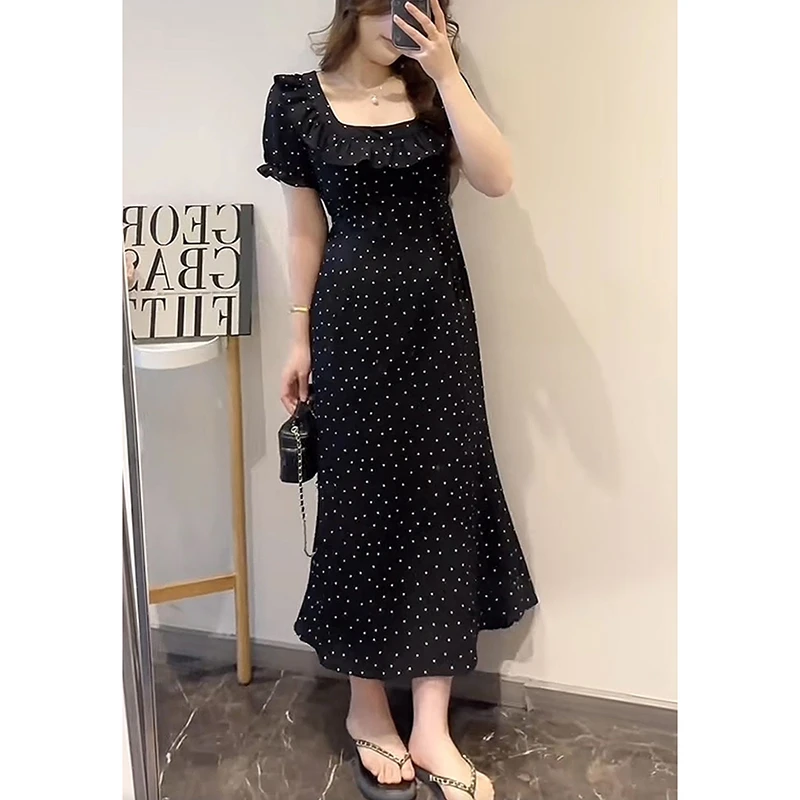 法式气质波点连衣裙女2025新款夏季大码微胖mm显瘦绑带收腰长裙子