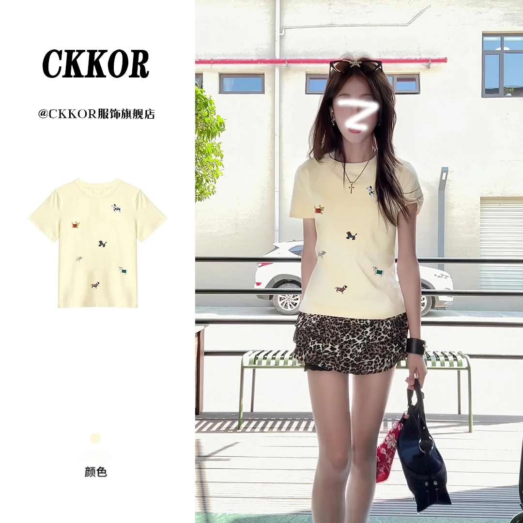 CKKOR新款爆款正肩短袖女t恤韩系时尚设计款多巴胺风格衣服纯欲风