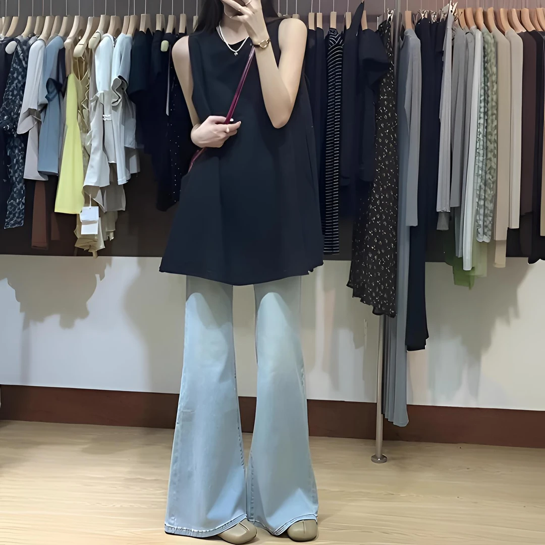 雪千羽浅色高腰显瘦微喇牛仔裤女2025新款夏修身薄喇叭裤设计感裤