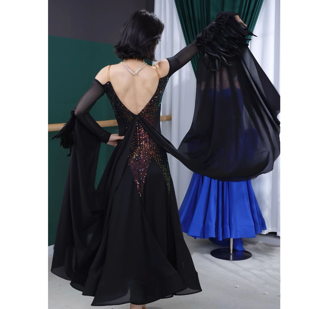 薇拉舞服修身显黑金羽毛重工黑金亮片下摆雪纺表演服摩登服LY0023