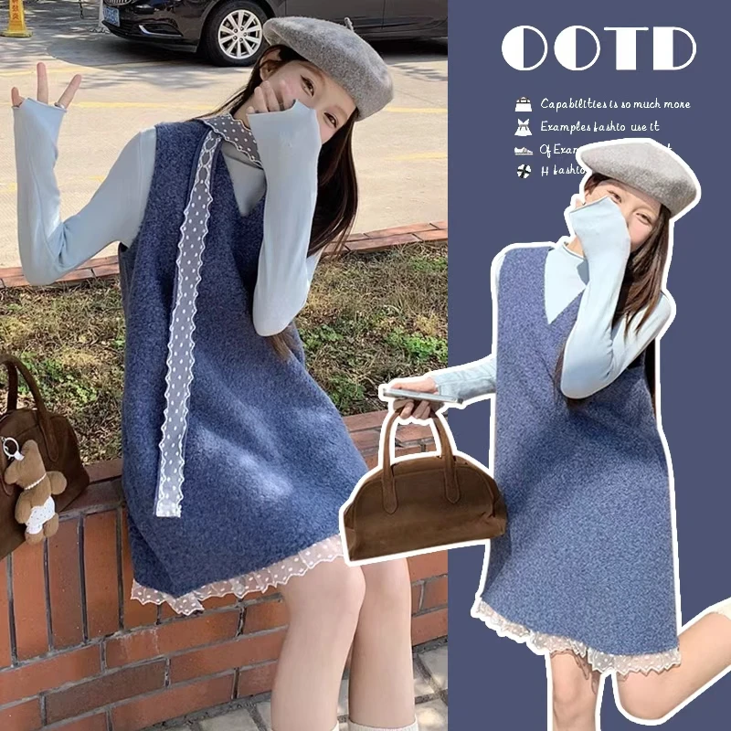 2025年韩版减龄羊羔毛蕾丝边飘带大码背心裙套装孕妇套装时尚