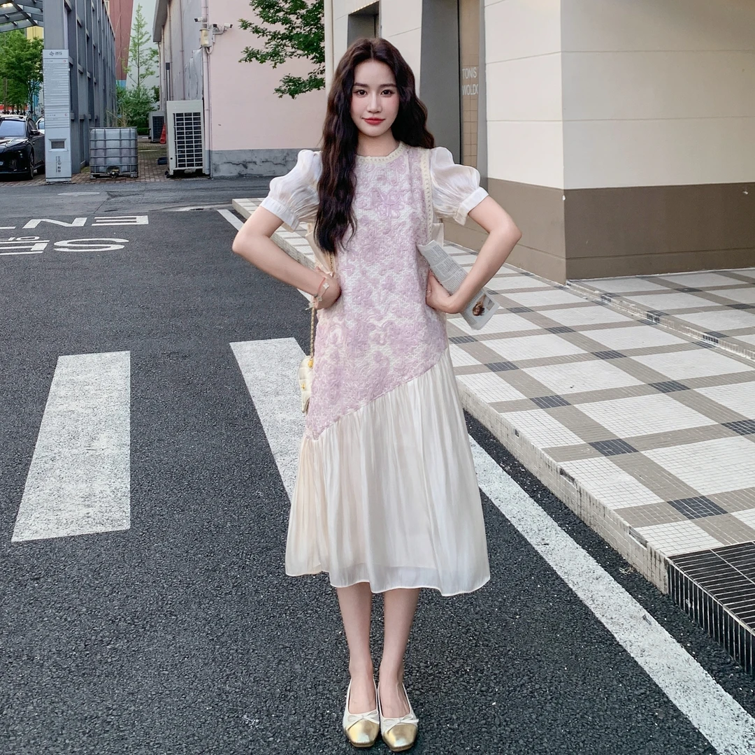 法式复古浪漫提花连衣裙女中长款2025夏新款宽松甜美温柔风仙女裙