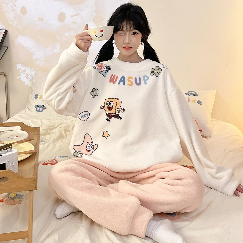 法兰绒睡衣女秋冬季加厚加绒卡通少女保暖两件套装新款冬款家居服