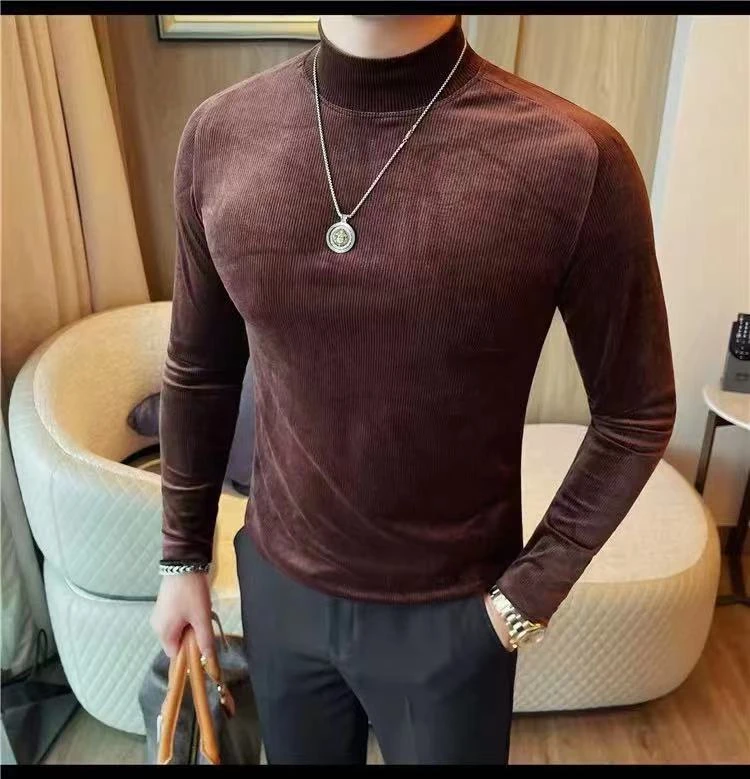 秋冬简约百搭铜氨绒修身半高领长袖气质中领打底针织上衣T恤7577
