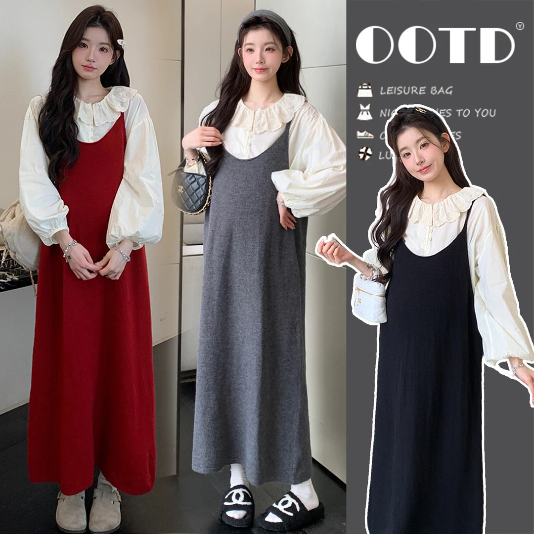 孕妇装秋冬季套装2025新款两件套连衣裙法式穿搭娃娃领上衣毛衣裙