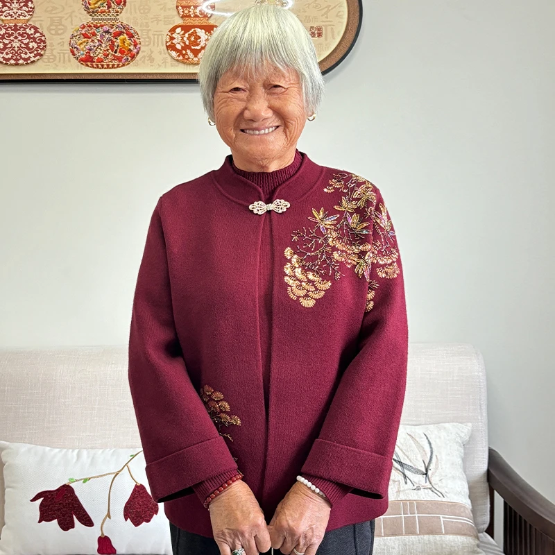 妈妈装秋装针织两件套中式女老年人奶奶装秋冬洋气中国风毛衣外套