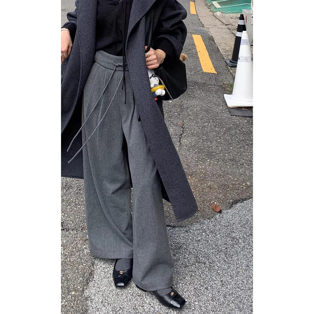 一三良品小个子 通勤气质翻边系带毛呢阔腿西裤女冬拖地裤子Z590V
