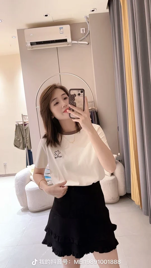 觅裳家 【花朵】5805夏季新款时尚百搭撞色冰瓷棉花朵上衣