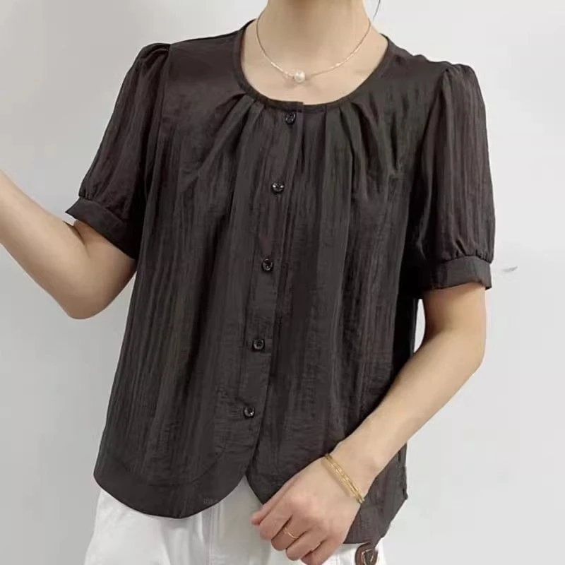 季念时尚简约圆领短袖小衫女夏季新款洋气宽松百搭休闲衬衫女衬衣