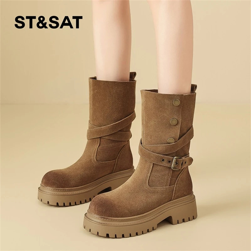 星期六厚底马丁靴女真皮2025秋季新款中筒瘦瘦靴复古英伦风短靴子