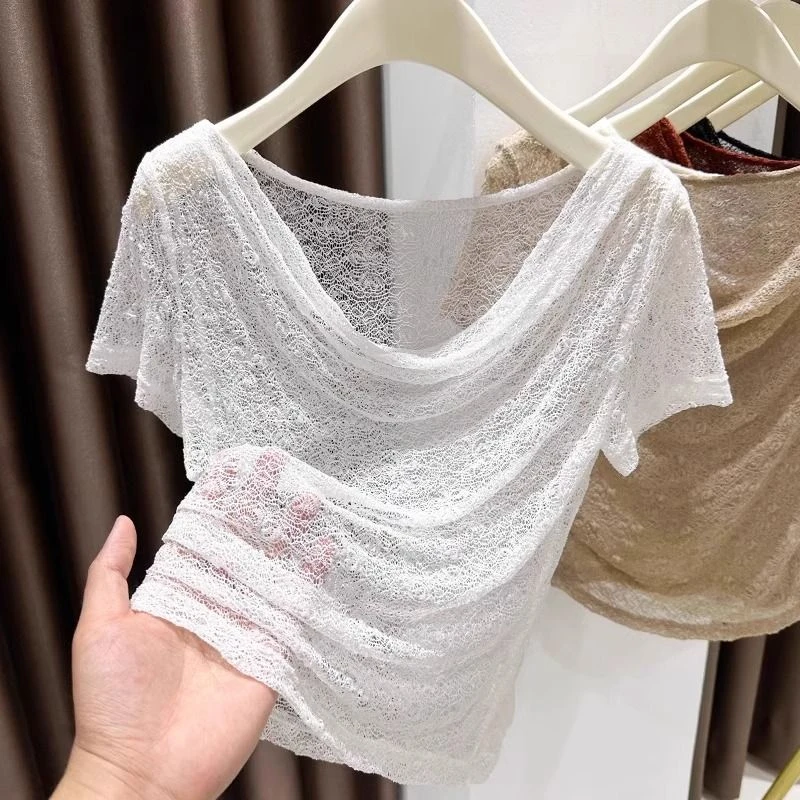 白色堆堆领T恤女夏高级感短袖蕾丝小衫内搭打底短款一字荡领上衣