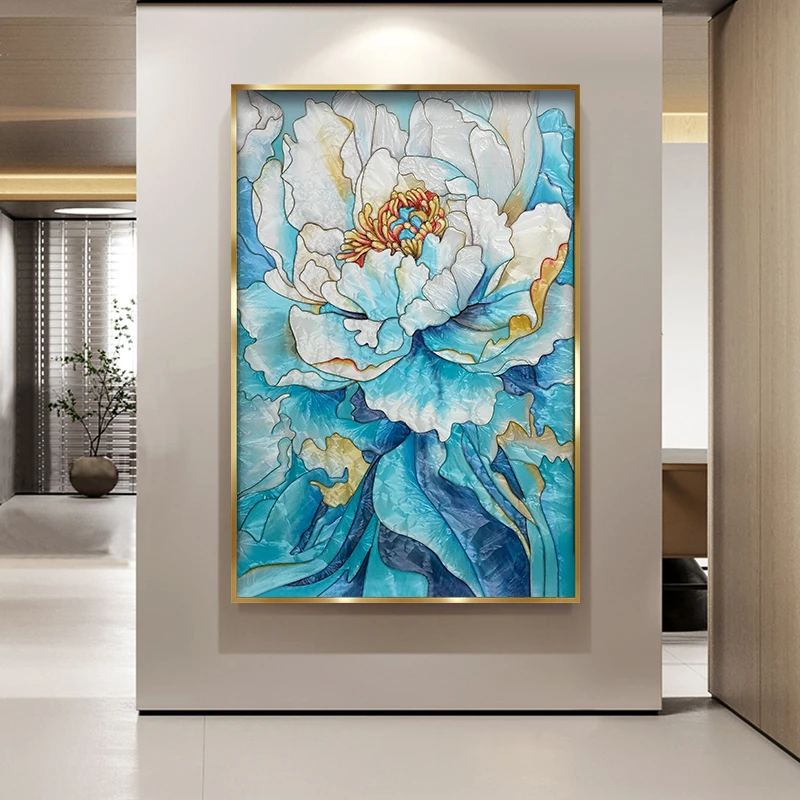牡丹花卉珐琅彩装饰画轻奢走廊过道艺术挂画简约现代客厅玄关壁画