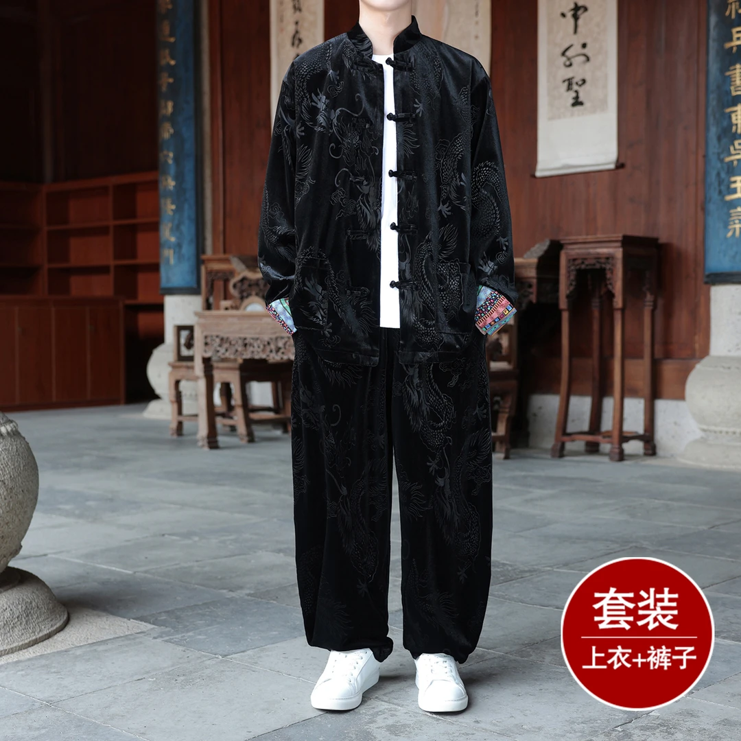新中式民族风印花茶服套装男中国风龙袍唐装宽松阔腿哈伦裤两件套