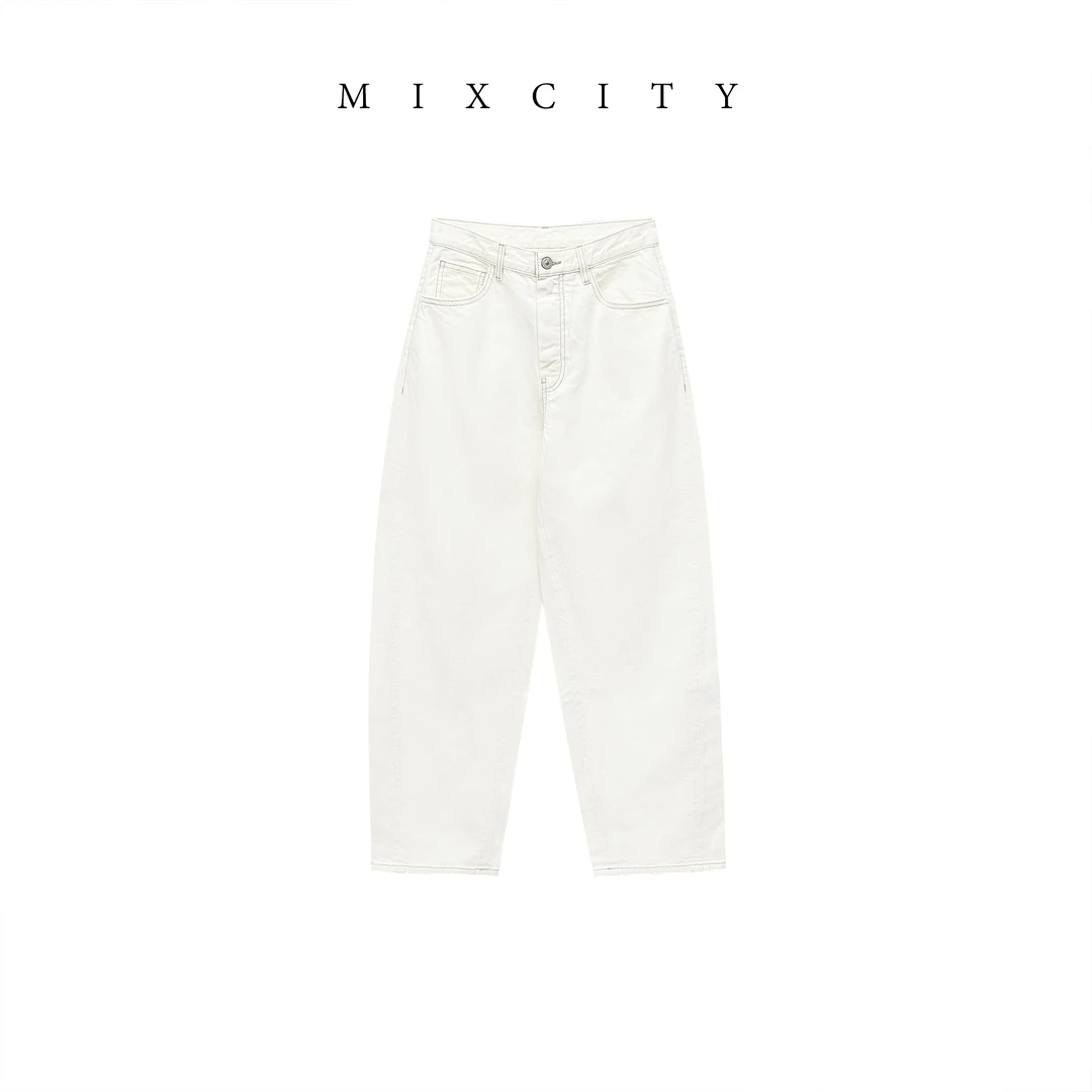 【MIXCITY亚楠家】和纸裤◆和纸纱立裁显瘦弧形弯刀牛仔裤9405