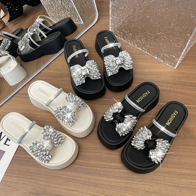 2025夏季新款水钻凉拖鞋夏季蝴蝶结水钻拖鞋休闲一字拖时尚网红