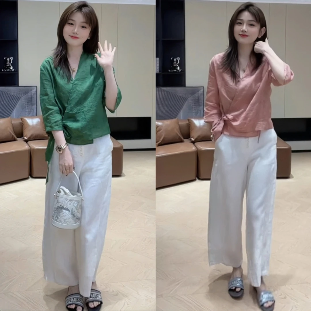 时尚套装女2025早秋新款穿搭洋气提花绑带V领上衣阔腿裤两件套潮