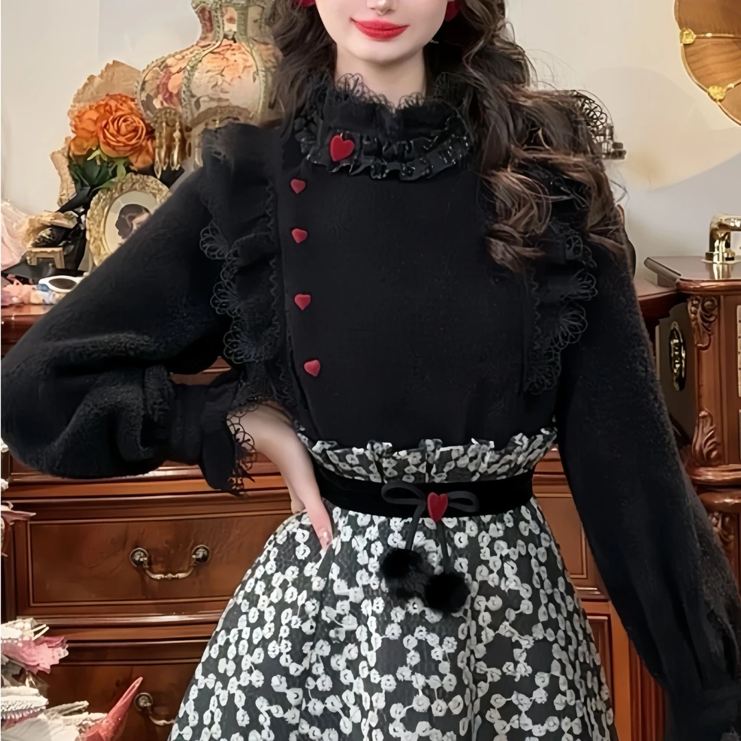 【黑色芭蕾】冬季加绒加厚撞色爱心纽扣斜襟衬衫 5869