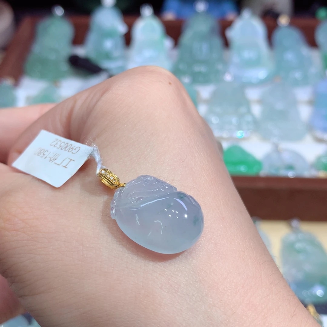 翡翠18K金镶嵌吊坠(不含链)天然缅甸A货翡翠揭阳工钱袋（福袋）