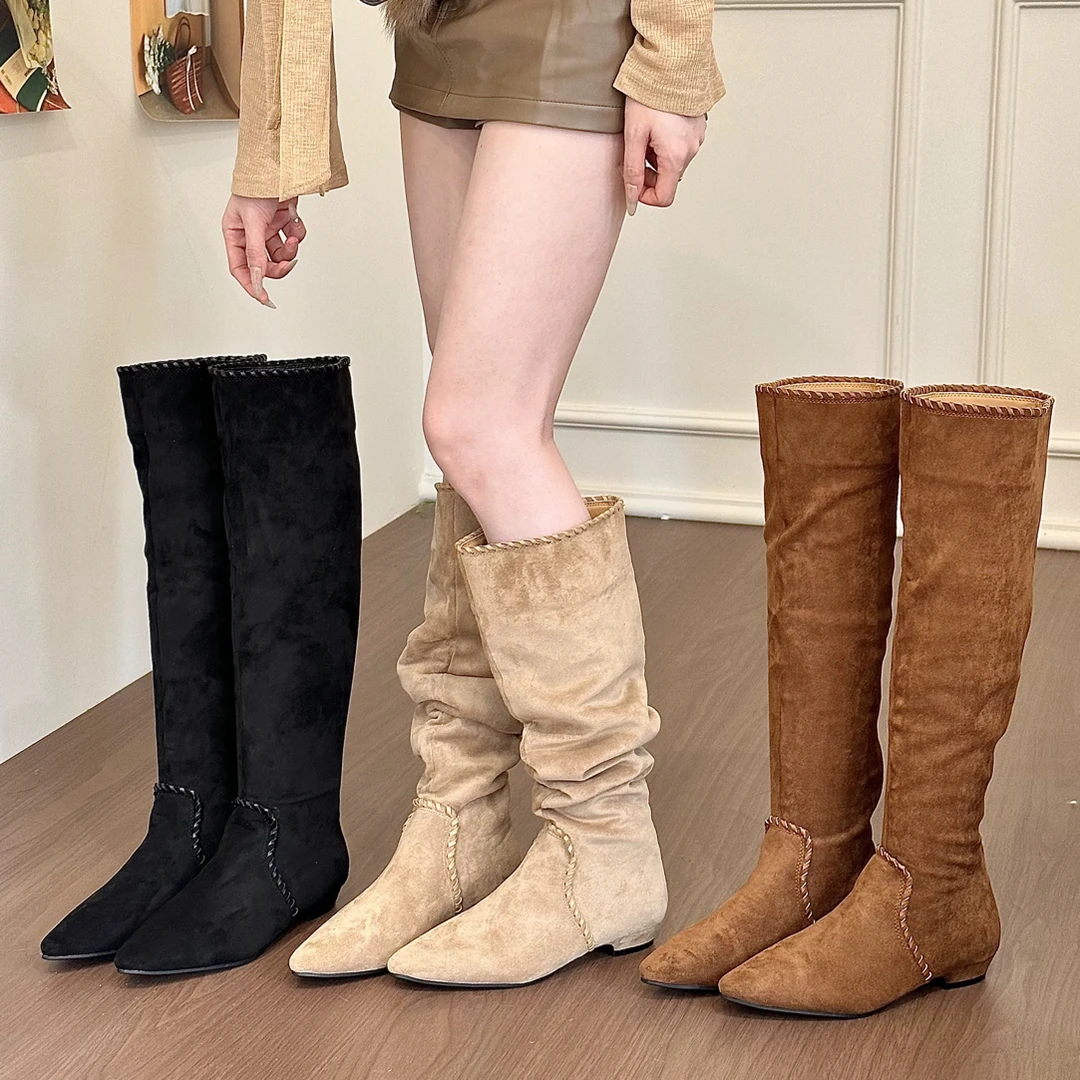 titing秋冬腿精！辣妹绒面尖头平底堆堆靴女秋韩版气质粗跟过膝靴