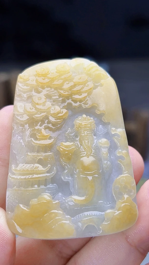 （大放）天然缅甸翡翠黄翡山水财神毛货买断抛光尺寸60.6x40x8.7