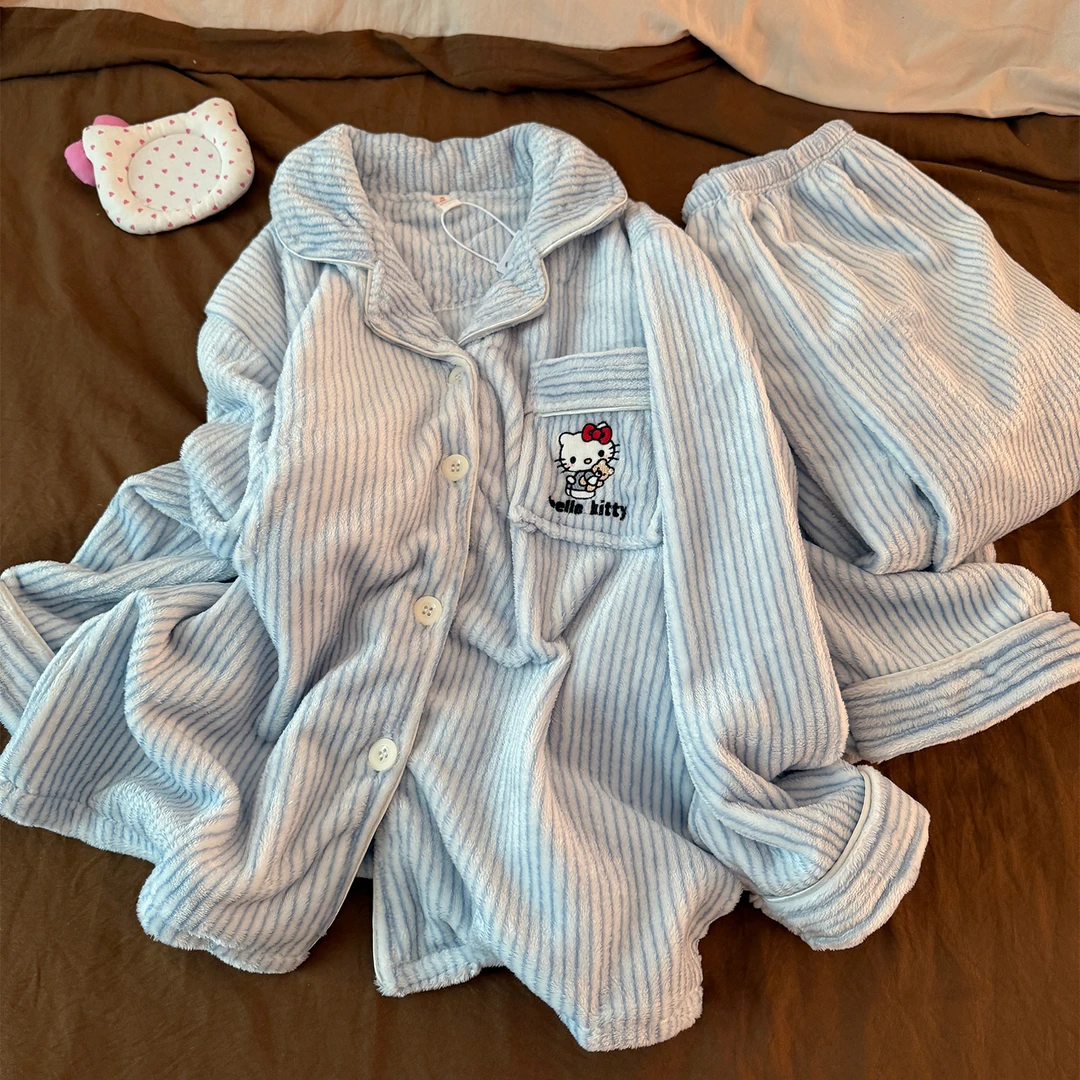 冬季加绒加厚睡衣女法兰绒蓝色条纹猫咪保暖珊瑚绒冬天家居服套装