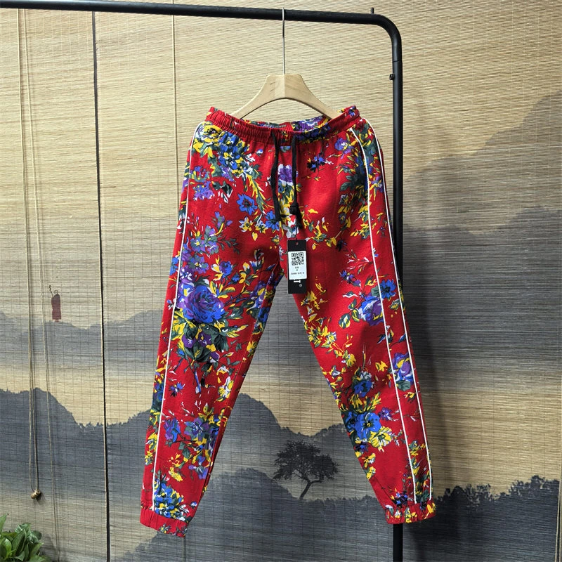 25A9B3秋季国潮新款轻奢时尚印花休闲束脚裤民族风棉麻花色哈伦裤