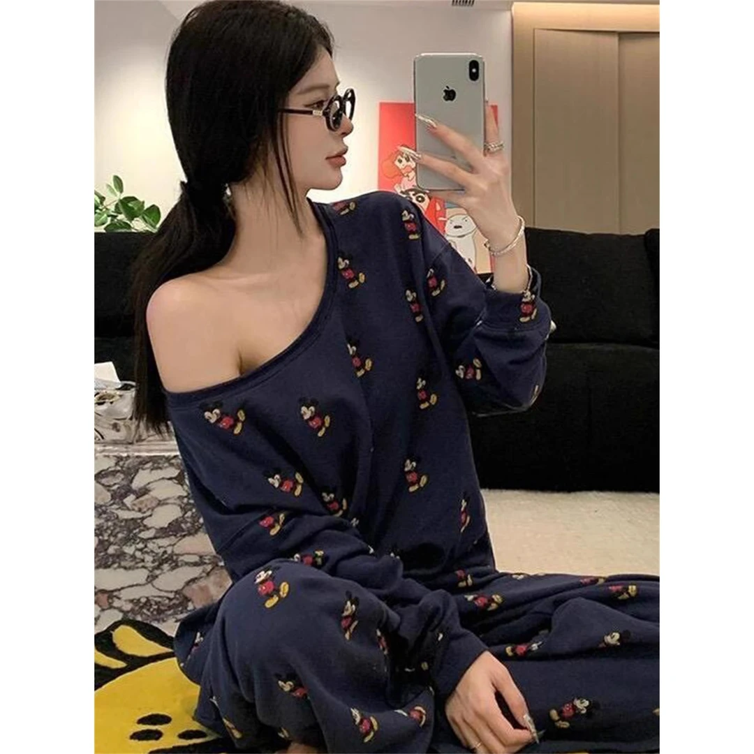 韩版纯欲斜肩卡通米奇印花睡衣女春秋季2025新款家居服套装可外穿