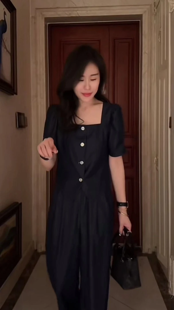 Miss Huo 方领牛仔套装 蓝色A 8856