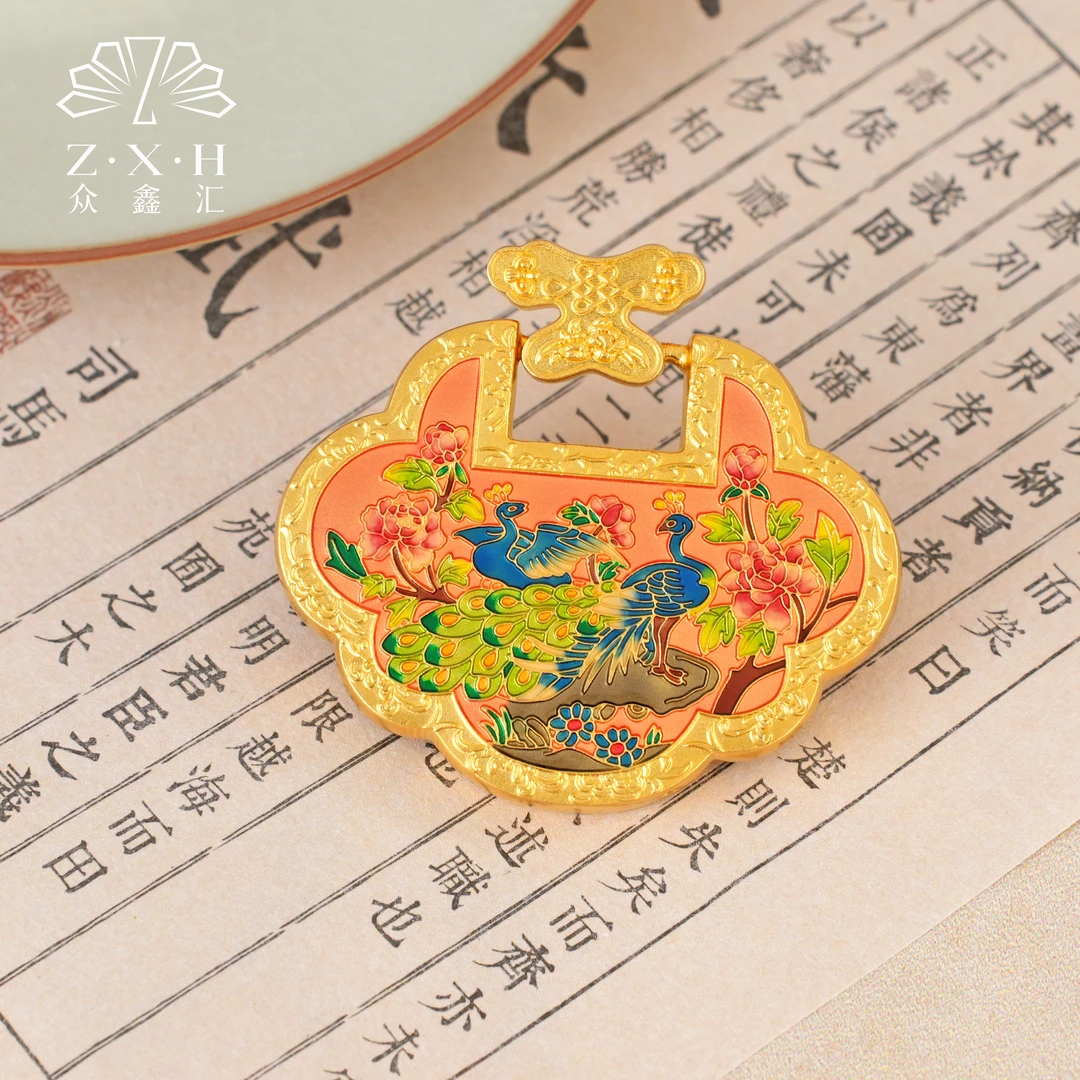 {众鑫汇}足金999  珐琅彩凤舞花间牡丹添彩吊坠34.45克