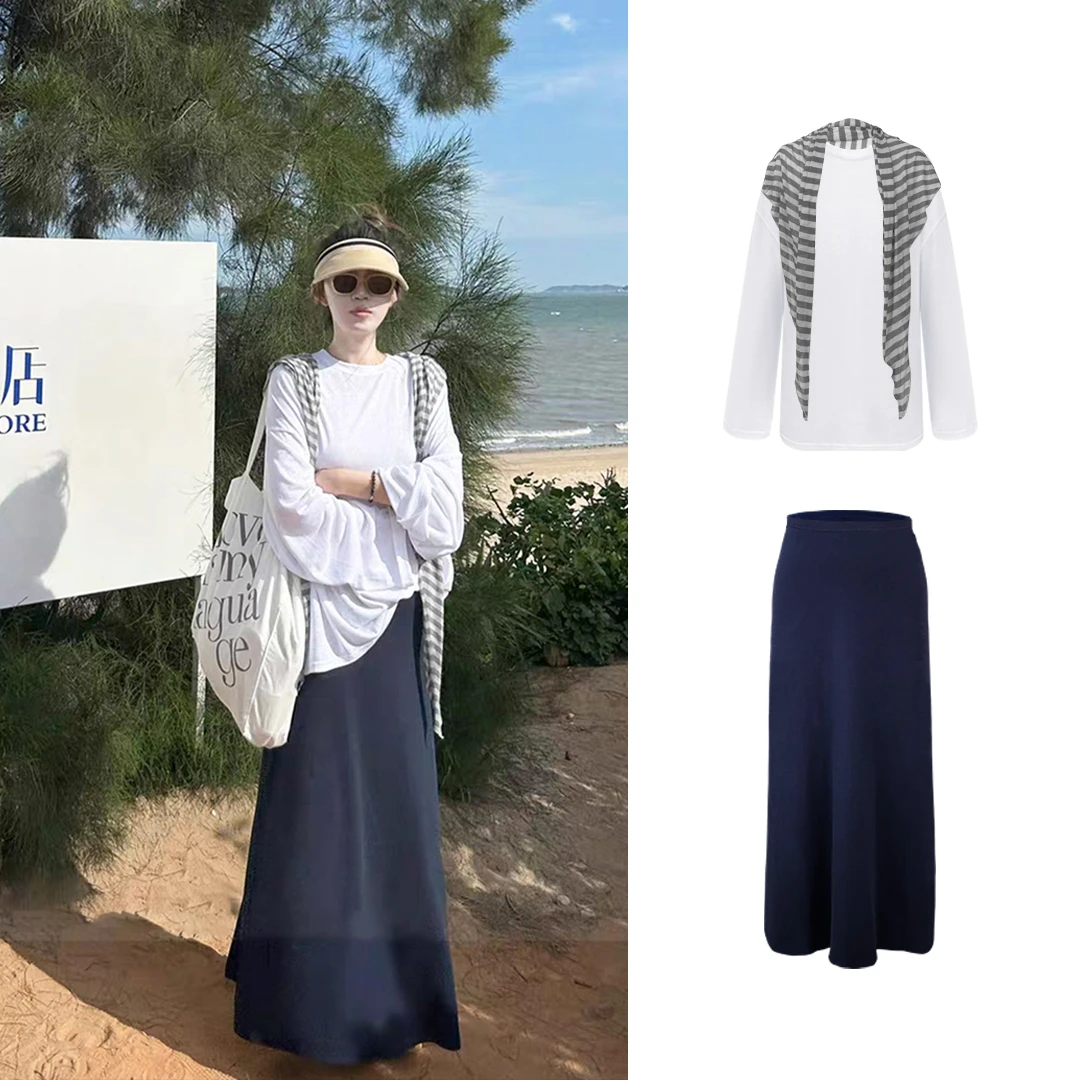 微透长袖超宽松T恤+氛围感垂感松弛显瘦半身裙+披肩 9072#