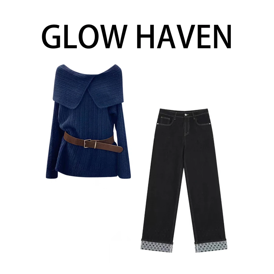 温柔风一字肩翻领配腰带慵懒风毛衣中长款毛衫上衣显瘦直筒阔腿裤