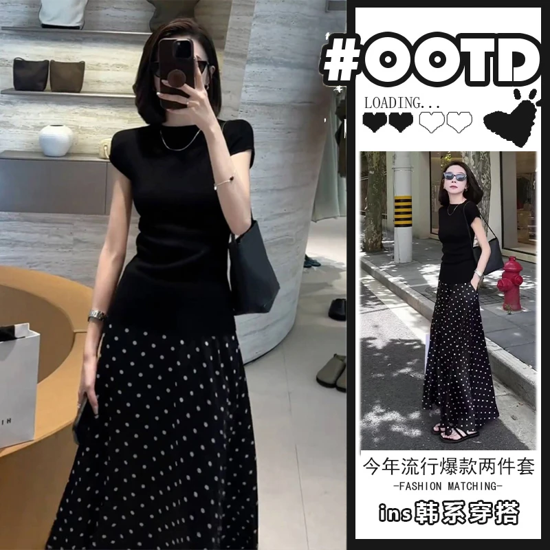 2025夏季新款高级感气质短袖T恤温柔风显瘦波点半身裙时尚两件套