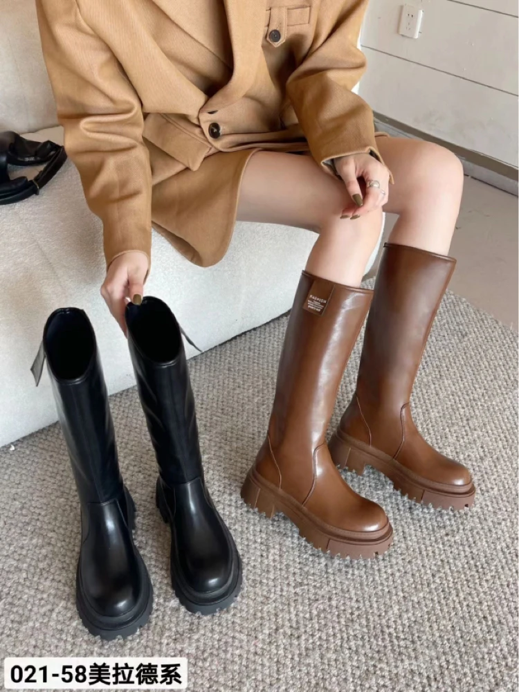 021-58B靴子女2024秋冬新款长筒百搭骑士靴圆头粗跟增高显瘦长靴
