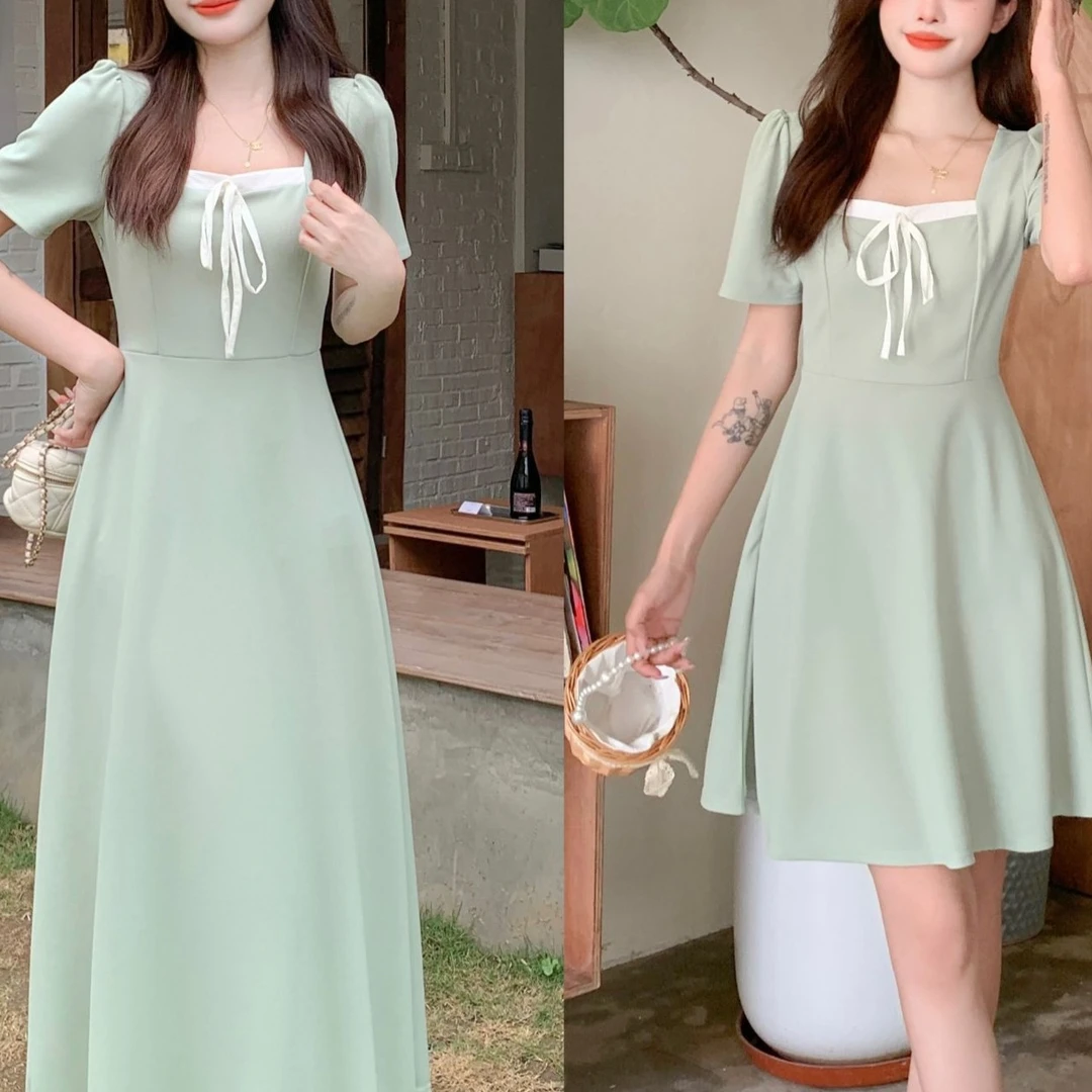 新款微胖女夏季新款a字裙法式方领连衣裙胖MM显瘦遮肚裙子1495